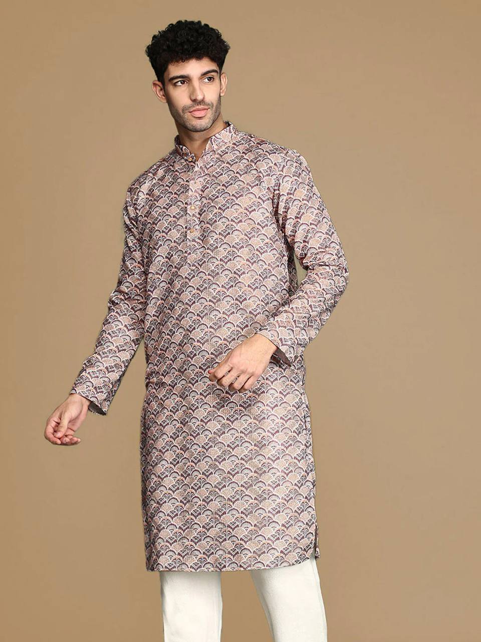 BROWN TRENDY PRINTED KURTA WITH PAJAMA SET FOR MEN'S