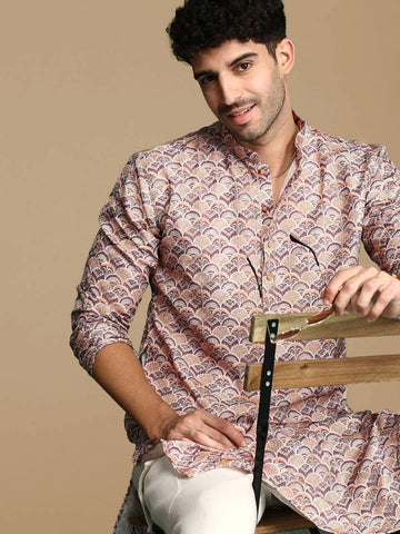 BROWN TRENDY PRINTED KURTA WITH PAJAMA SET FOR MEN'S