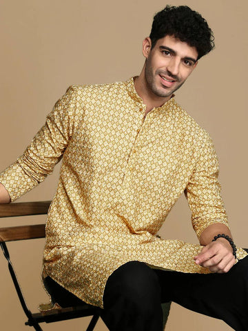 YELLOW TRENDY PRINTED KURTA WITH PAJAMA SET FOR MEN'S