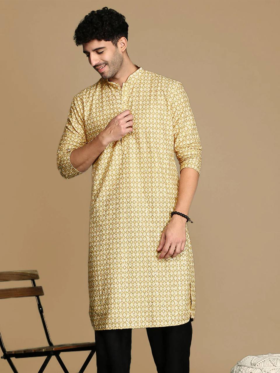 YELLOW TRENDY PRINTED KURTA WITH PAJAMA SET FOR MEN'S