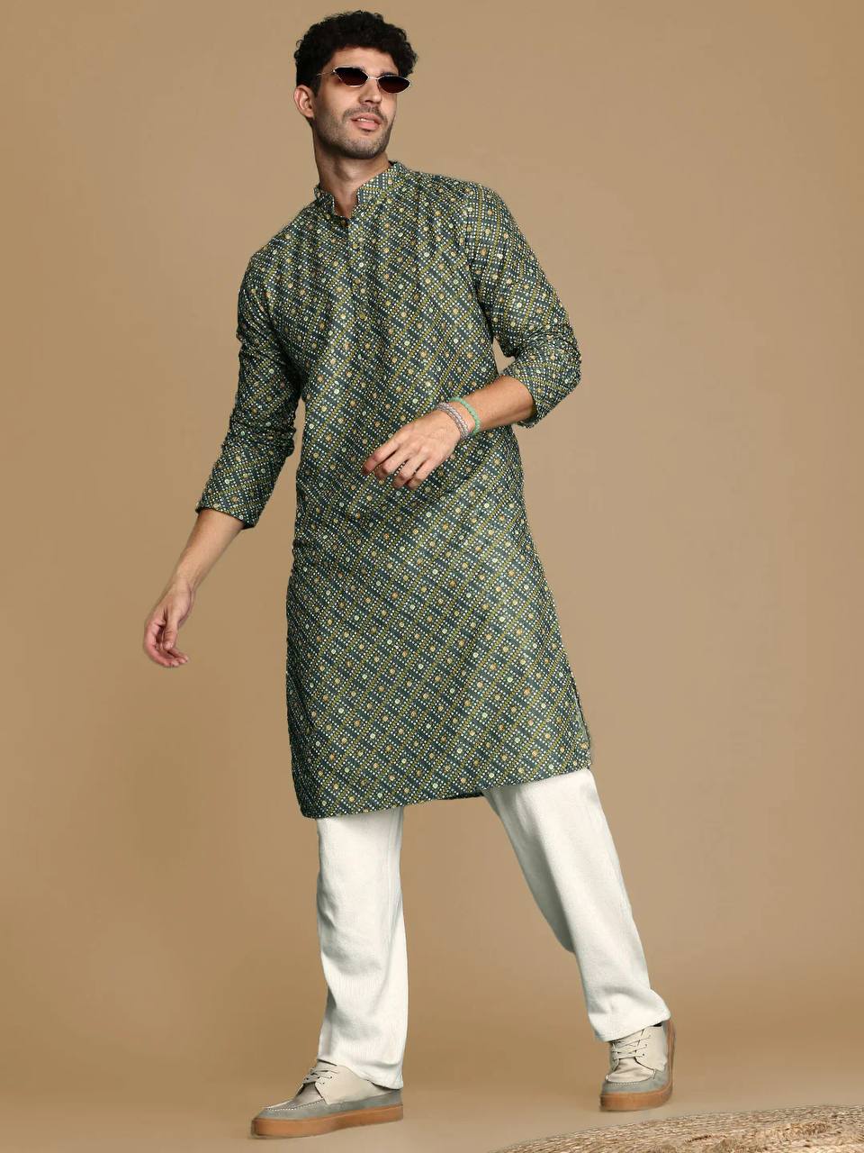 GREEN BANDHANI PRINTED KURTA WITH PAJAMA SET FOR MEN'S