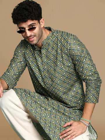 GREEN BANDHANI PRINTED KURTA WITH PAJAMA SET FOR MEN'S