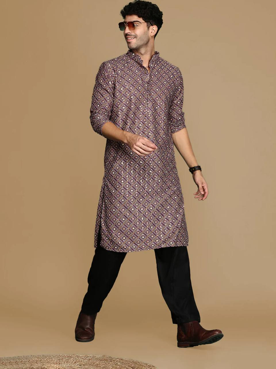 WINE TRENDY PRINTED KURTA WITH PAJAMA SET FOR MEN'S