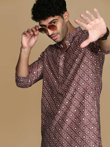 WINE TRENDY PRINTED KURTA WITH PAJAMA SET FOR MEN'S