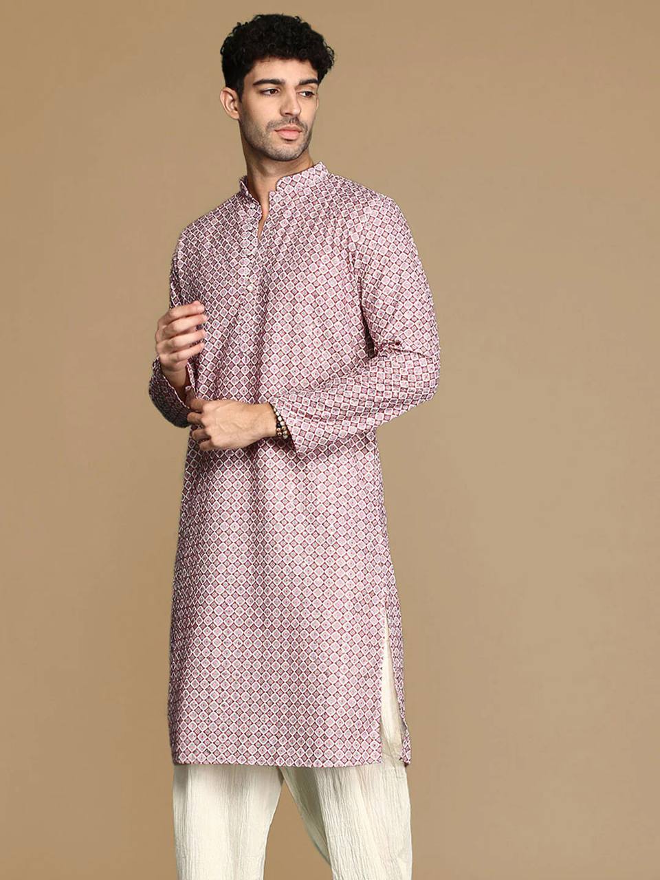 LAVENDER TRENDY PRINTED KURTA WITH PAJAMA SET FOR MEN'S