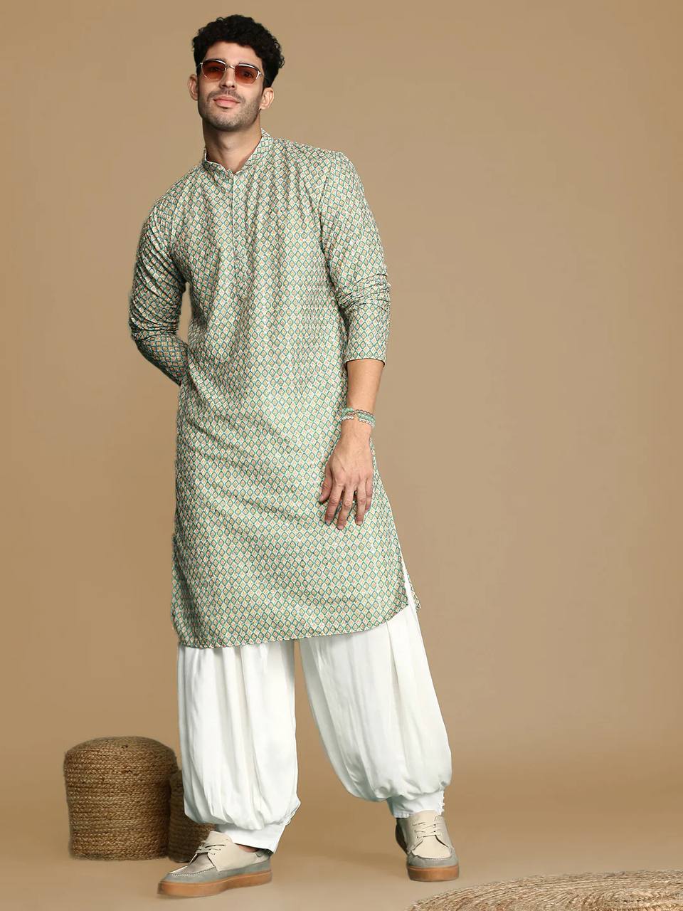 LIGHT GREEN&nbsp;TRENDY PRINTED KURTA WITH PAJAMA SET FOR MEN'S