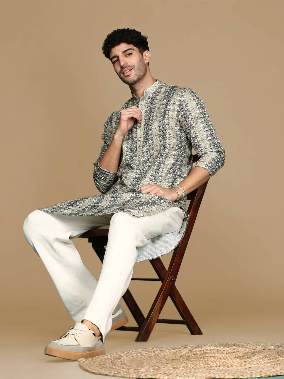 GREEN GREY TRENDY PRINTED KURTA WITH PAJAMA SET FOR MEN'S