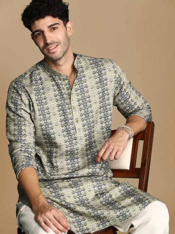 GREEN GREY TRENDY PRINTED KURTA WITH PAJAMA SET FOR MEN'S