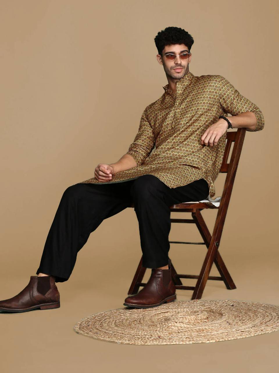 BROWN TRENDY PRINTED KURTA WITH PAJAMA SET FOR MEN'S