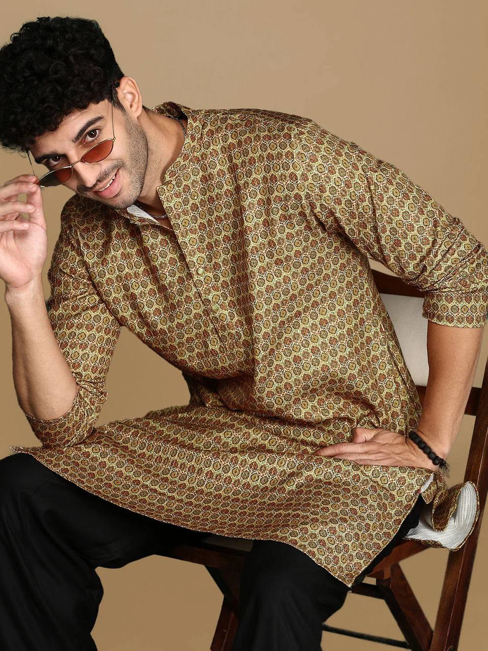 BROWN TRENDY PRINTED KURTA WITH PAJAMA SET FOR MEN'S