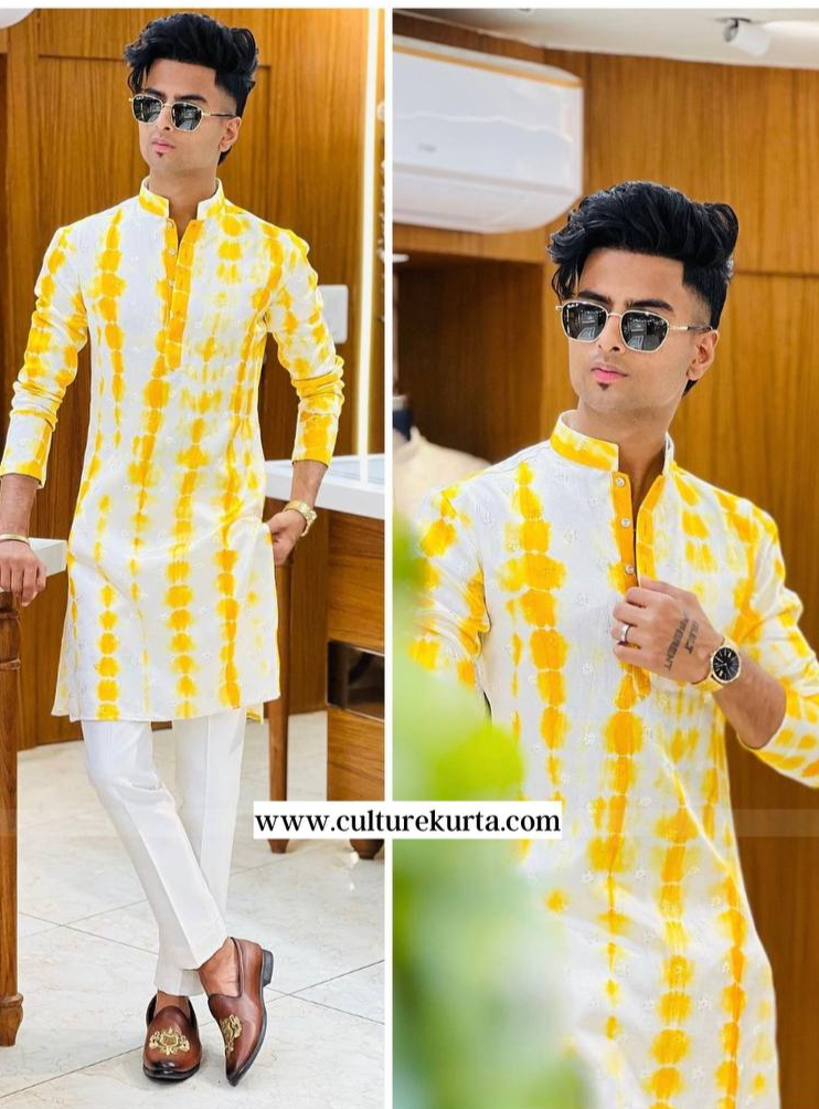 YELLOW  SHIBHORI PRINTED MENS KURTA WITH PAJAMA SET