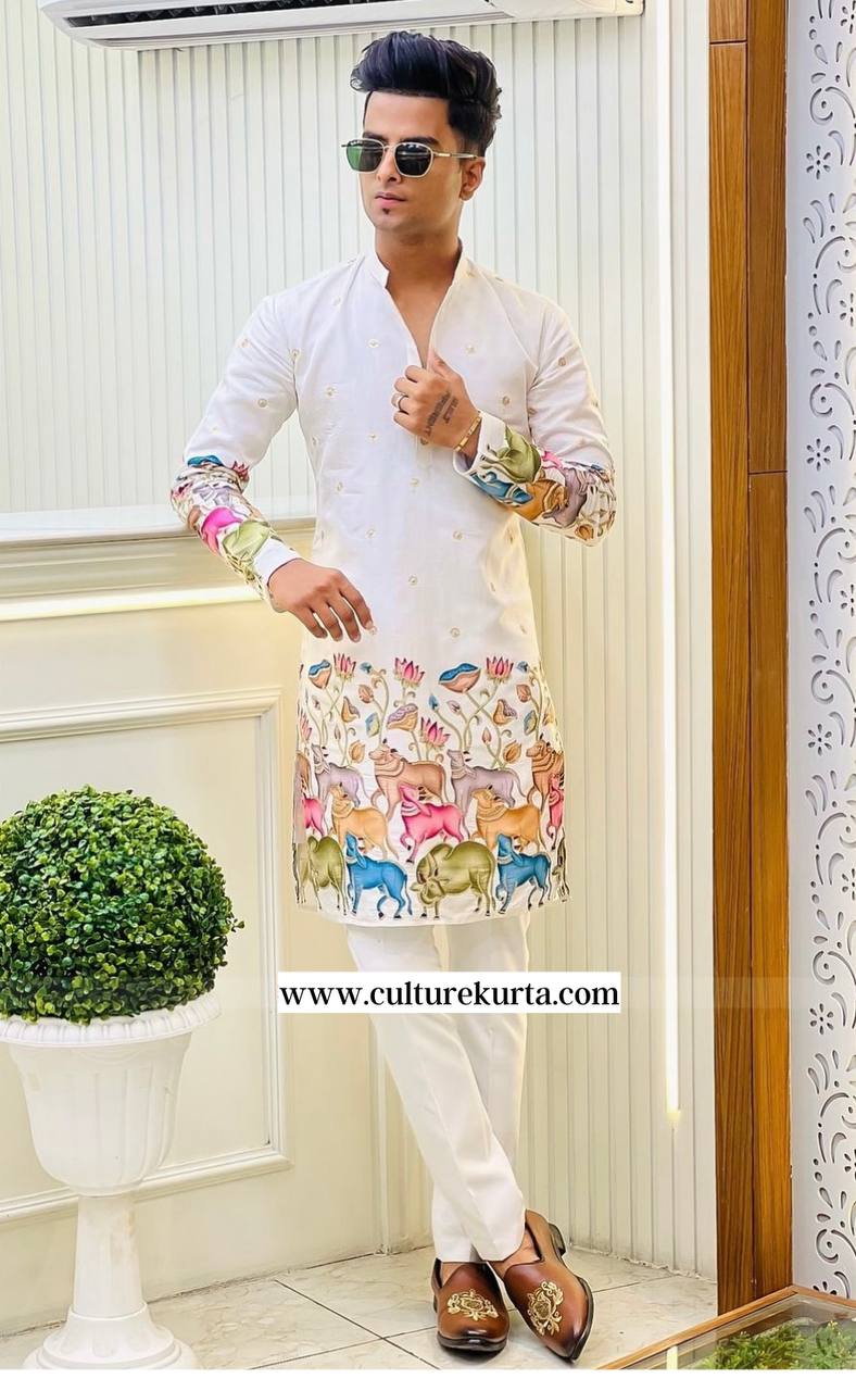 WHITE COW AND LOTUS PRINTED BUTTI WORK KURTA WITH PAJAMA SET FOR MENS