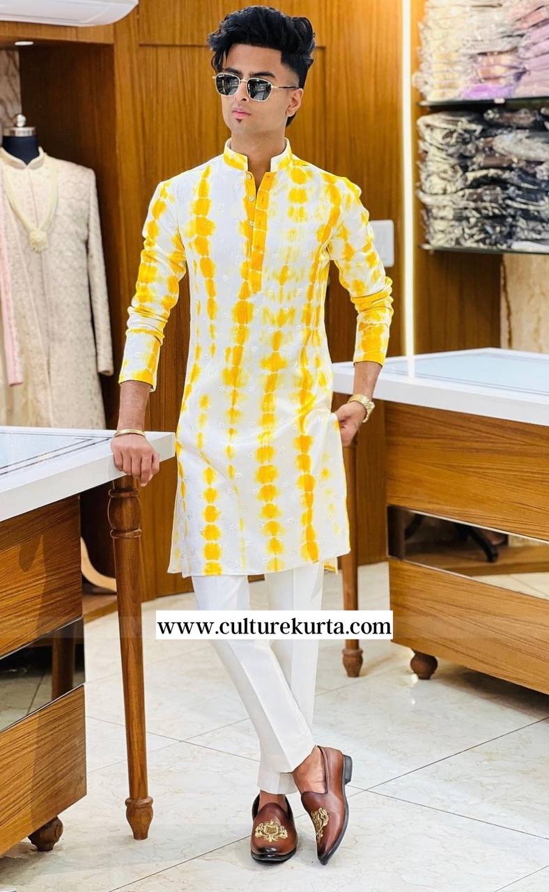 YELLOW  SHIBHORI PRINTED MENS KURTA WITH PAJAMA SET