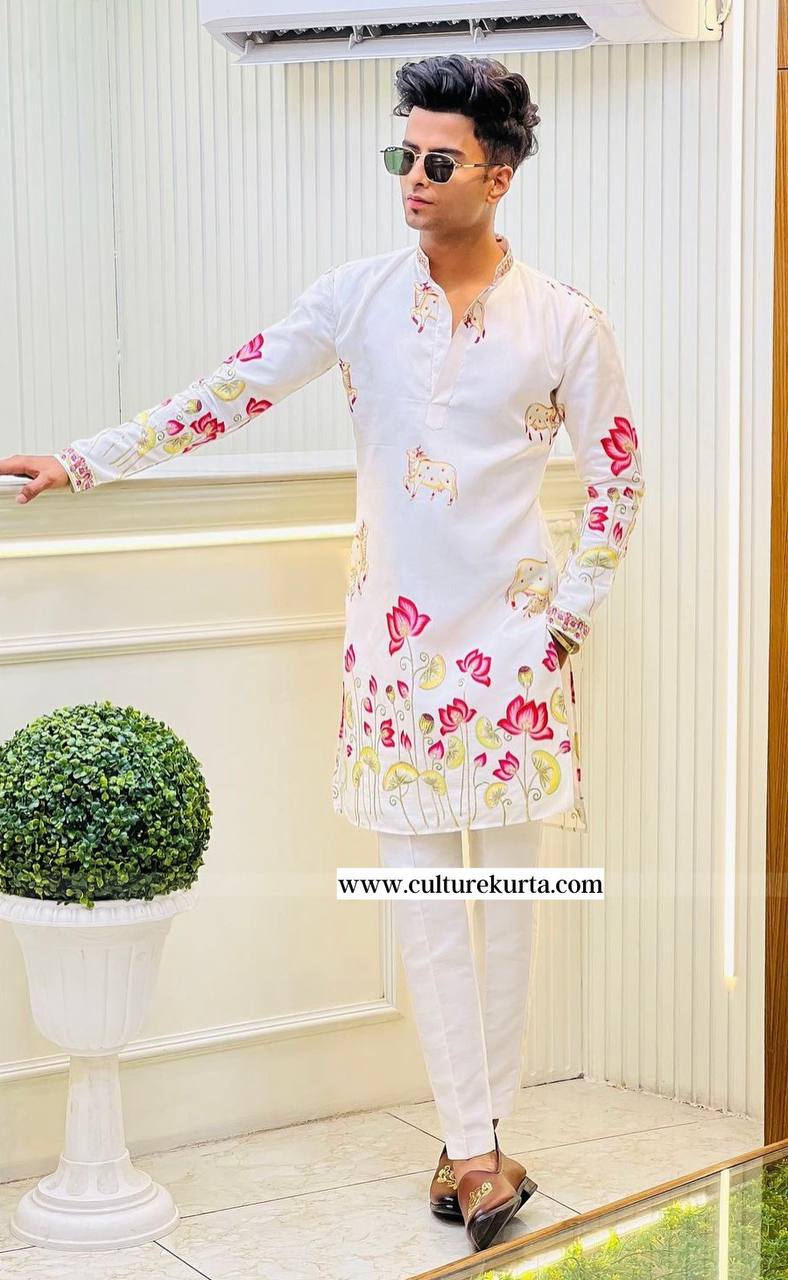 🪷 WHITE  LOTUS PRINTED WORK KURTA WITH PAJAMA SET FOR MENS