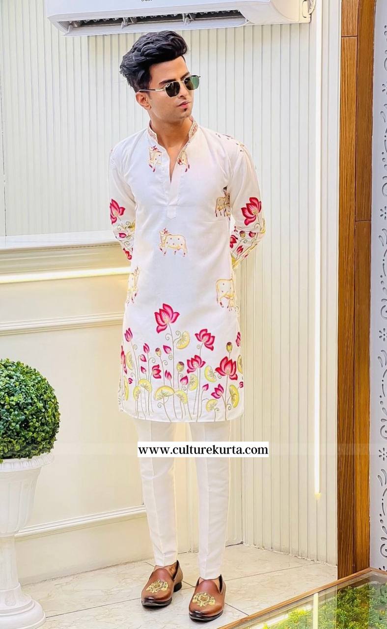 🪷 WHITE  LOTUS PRINTED WORK KURTA WITH PAJAMA SET FOR MENS