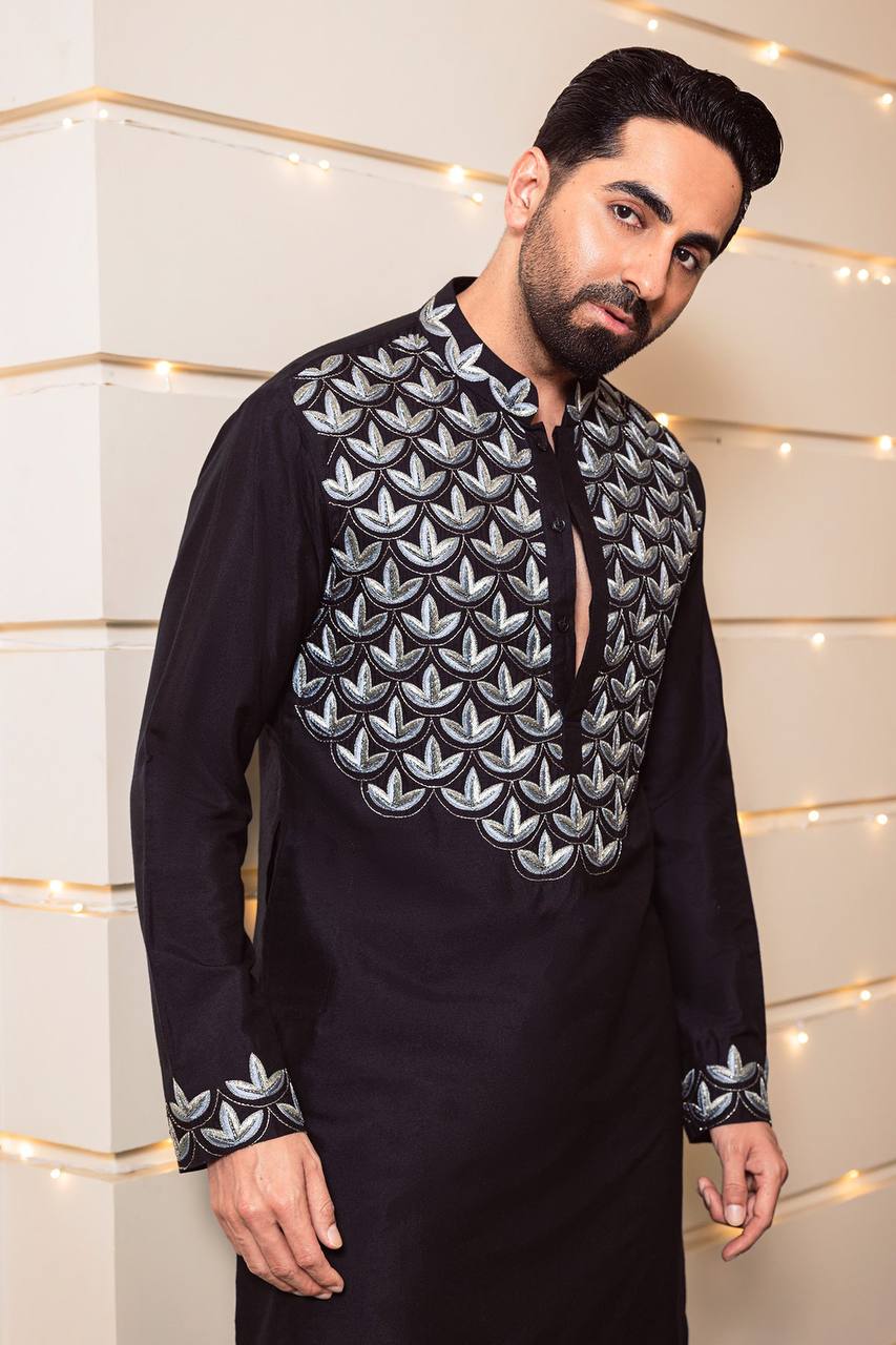 BLACK LEAF EMBROIDERED KURTA WITH BLACK PAJAMA SET FOR MENS