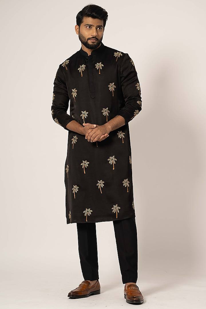 BLACK COCONUT TREE EMBROIDERED WORK KURTA WITH BLACK PAJAMA SET FOR MENS